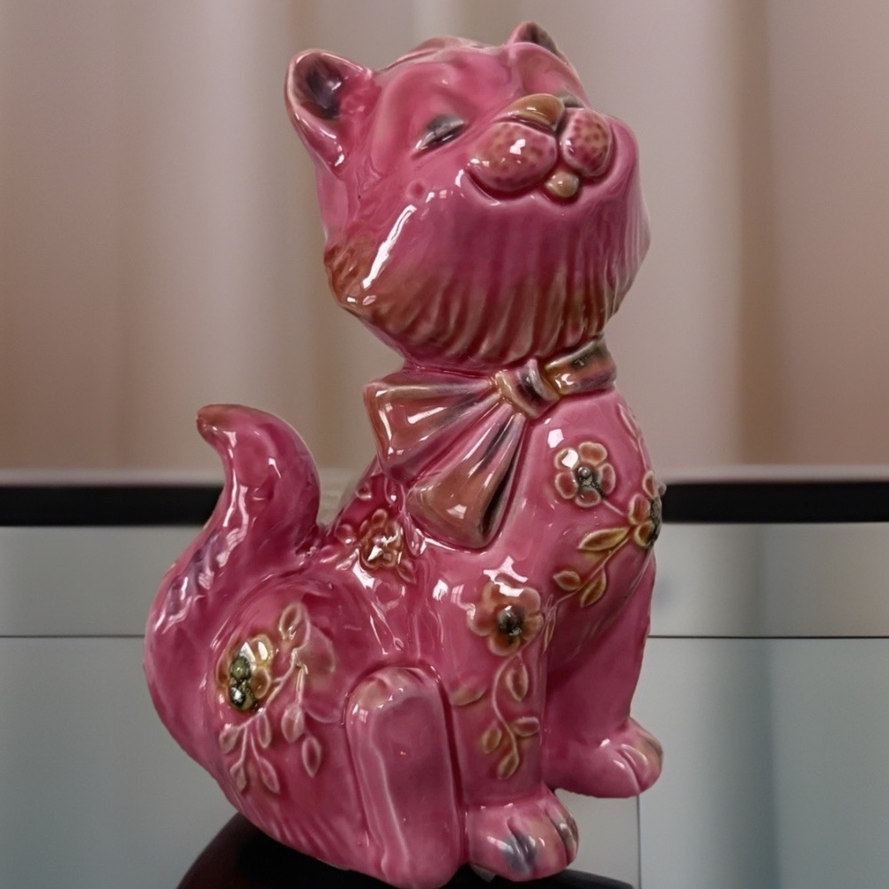 Italian Pottery Ceramic Cat Pink Bow Flowers Happy Coin Bank Figurine Italy